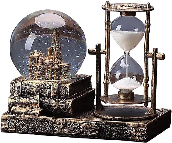 LED Music Snow Globe with Eiffel Tower & Hourglass – Brass Finish