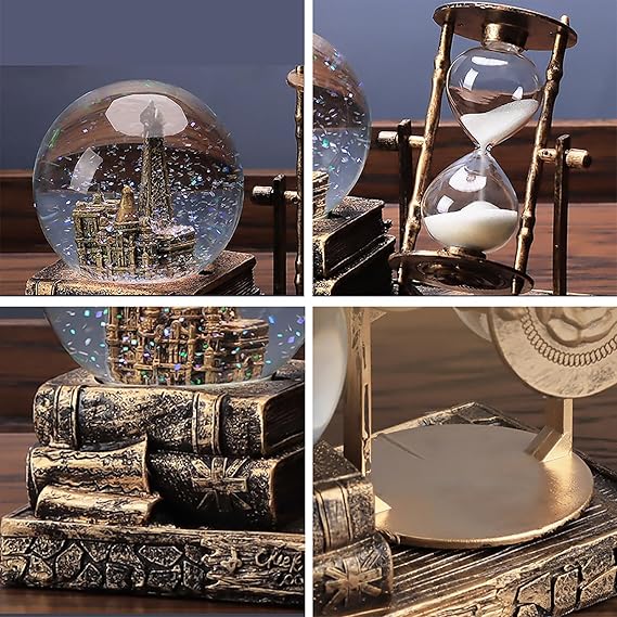 LED Music Snow Globe with Eiffel Tower & Hourglass – Brass Finish