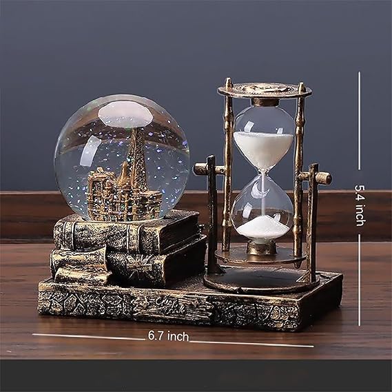 LED Music Snow Globe with Eiffel Tower & Hourglass – Brass Finish