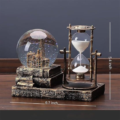 LED Music Snow Globe with Eiffel Tower & Hourglass – Brass Finish