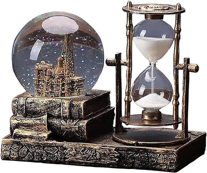 LED Music Snow Globe with Eiffel Tower & Hourglass – Brass Finish