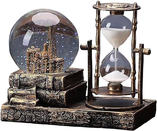LED Music Snow Globe with Eiffel Tower & Hourglass – Brass Finish