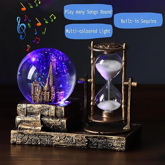 LED Music Snow Globe with Eiffel Tower & Hourglass – Brass Finish
