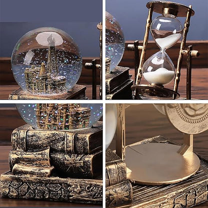 LED Music Snow Globe with Eiffel Tower & Hourglass – Brass Finish